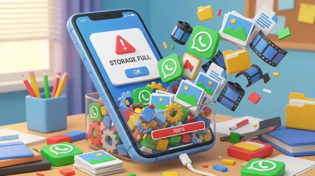 smartphone storage full warning affecting WhatsApp performance and feature availability
