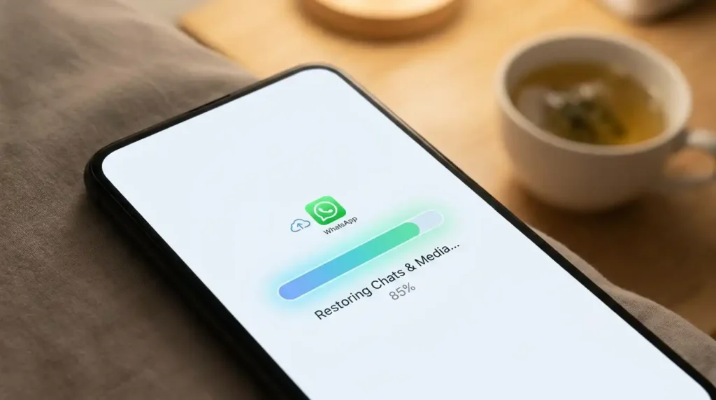 reinstalling WhatsApp with chat backup restore process on smartphone