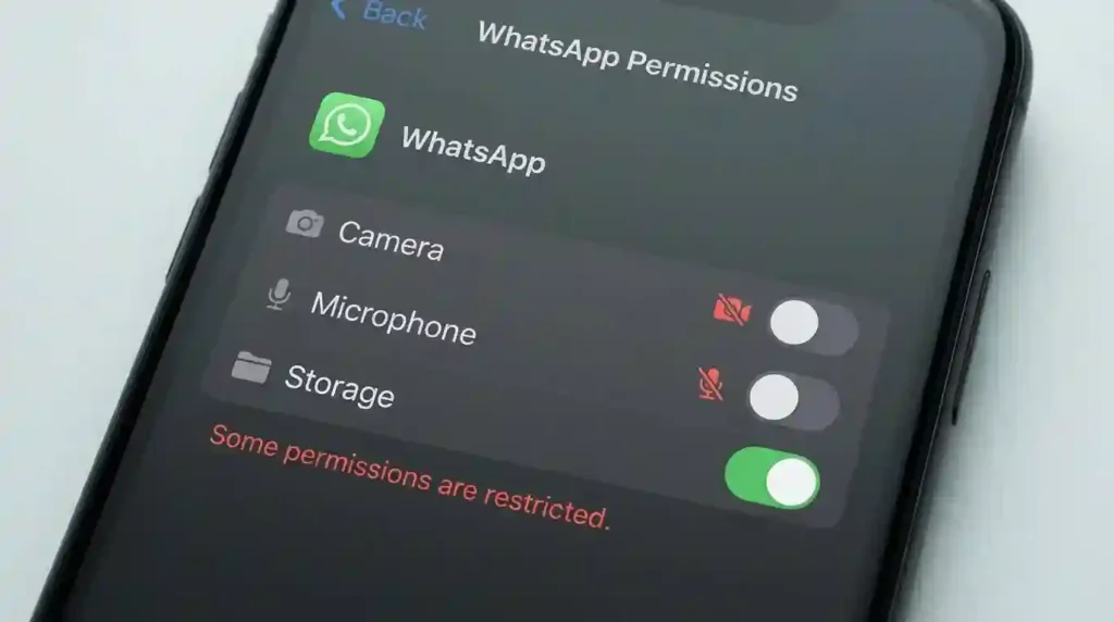 WhatsApp app permissions settings for camera storage and microphone affecting features