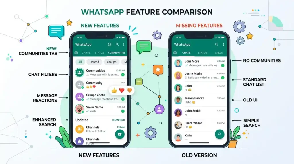 WhatsApp Features Not Showing comparison of two devices with missing features on one phone and full features on another