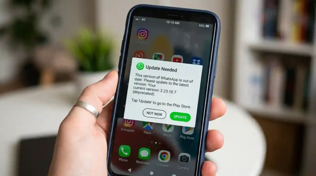 WhatsApp update notification on smartphone showing outdated app version problem