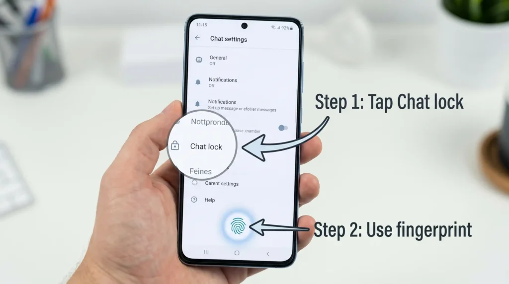 How to lock a chat in WhatsApp on Android with chat settings and fingerprint authentication option highlighted