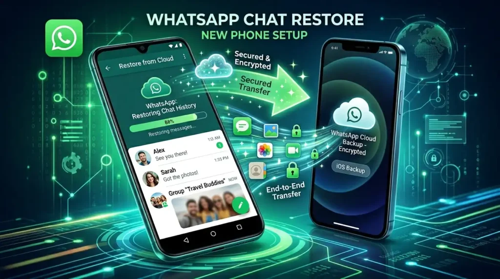 WhatsApp backup and restore on iPhone showing iCloud chat recovery, WhatsApp restore process, and secure message backup transfer on iOS device.