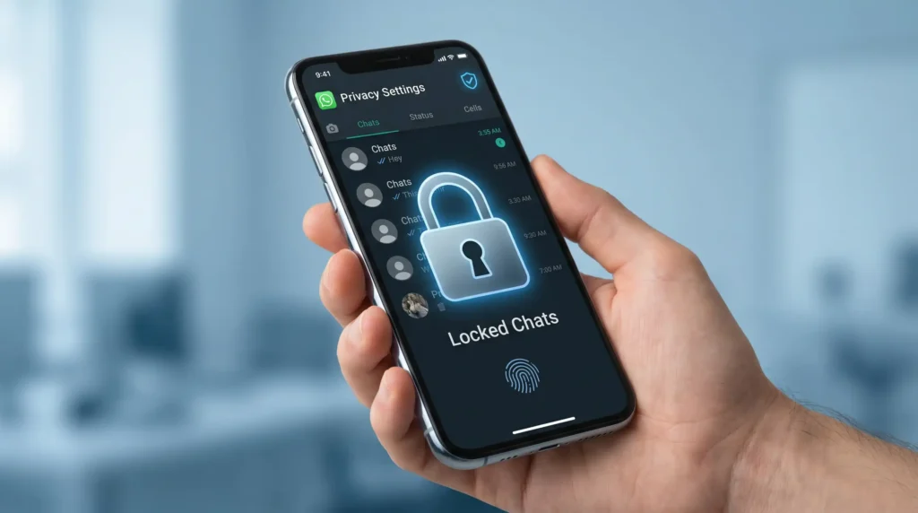 How to lock a chat in WhatsApp showing padlock icon on smartphone chat screen for privacy security