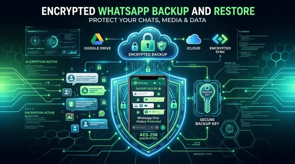 WhatsApp backup and restore security and privacy illustration showing encrypted cloud backup, secure chat protection, Google Drive and iCloud data safety on smartphone.