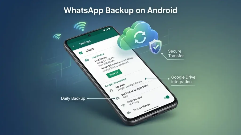 WhatsApp backup and restore for Android showing Google Drive chat backup setup, cloud synchronization, and Android WhatsApp data recovery process.