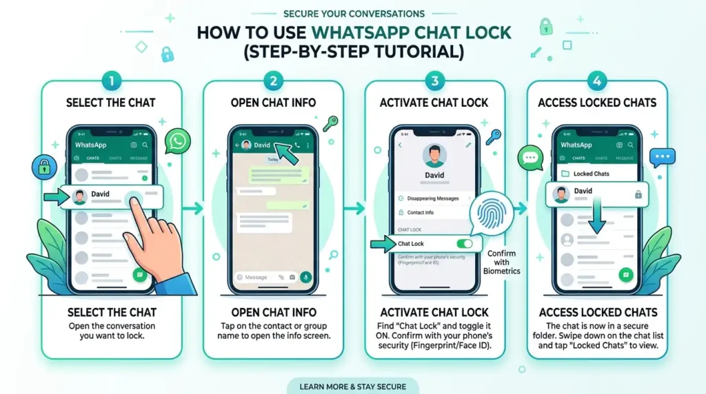 Step by step guide on how to lock a chat in WhatsApp with numbered tutorial and smartphone interface