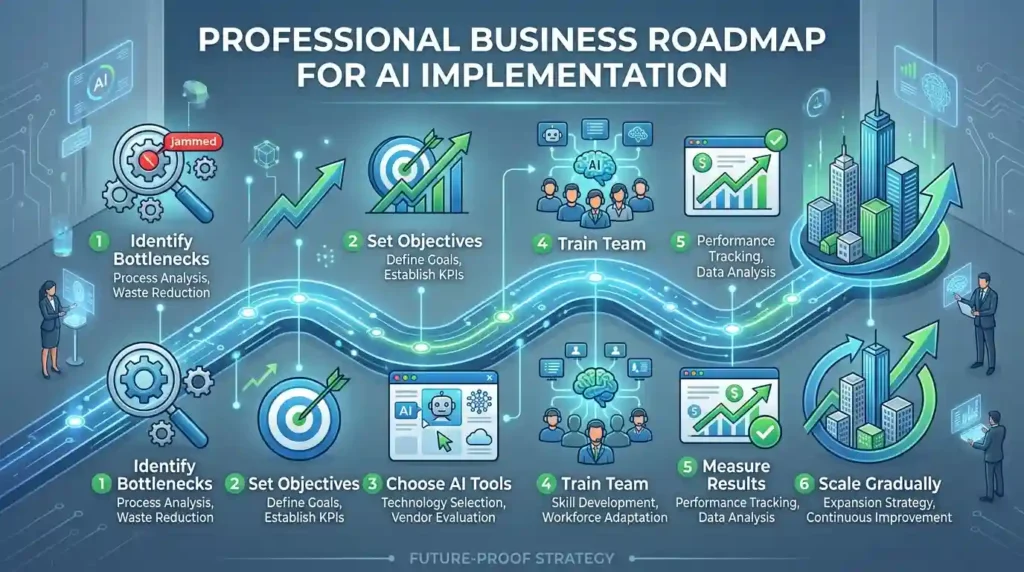 Business roadmap illustrating six steps to successfully implement AI tools and scale business growth.