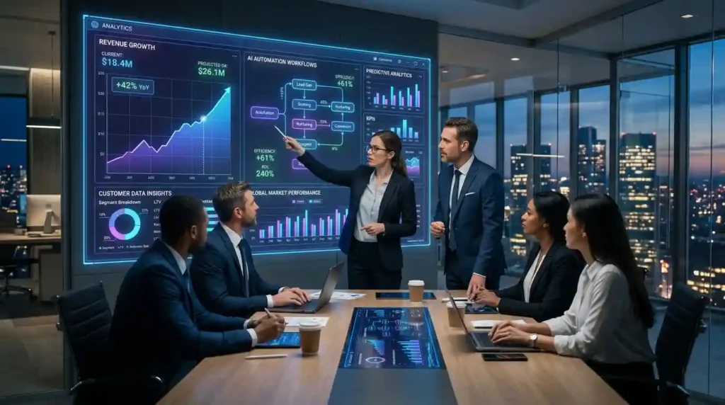 AI Tools for Business Growth dashboard showing automation, analytics, customer insights, and revenue optimization.