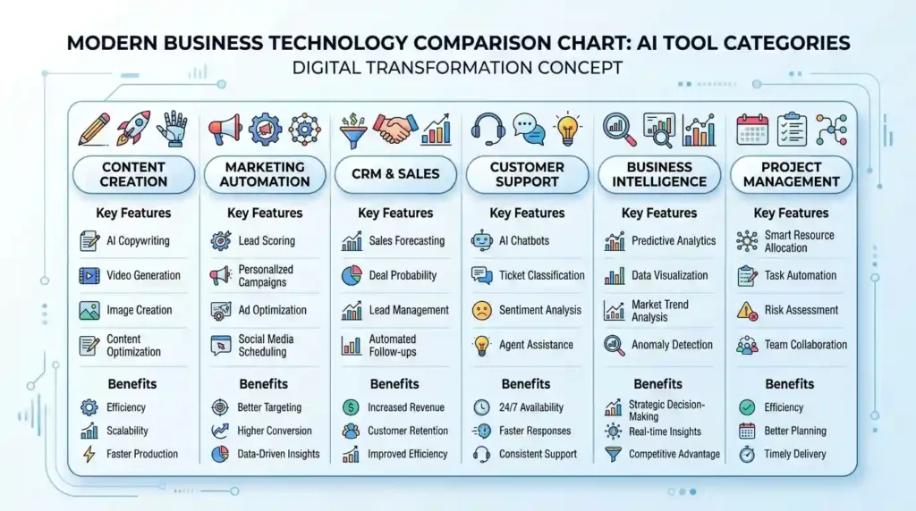 Visual comparison of AI content creation, marketing automation, CRM, customer support, analytics, and project management tools.