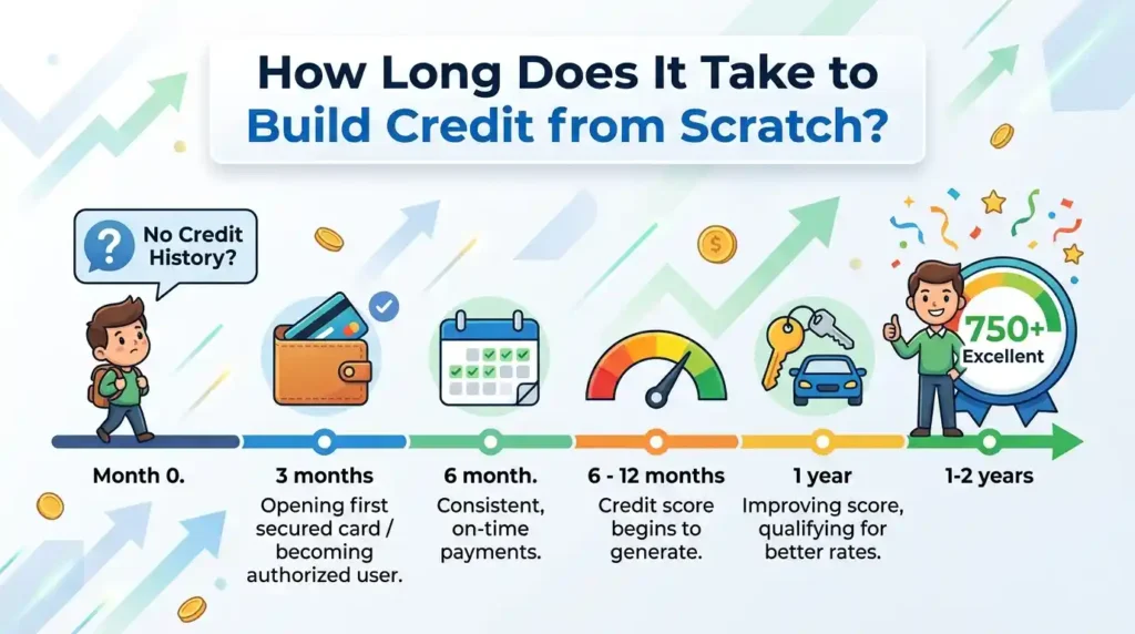 Timeline showing how long it takes to build credit from scratch and improve credit scores