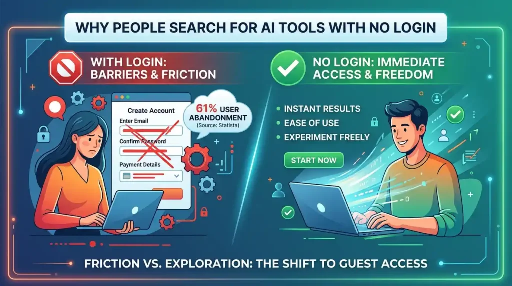 Users accessing free AI tools without sign up, avoiding registration forms and login requirements for instant AI assistance.